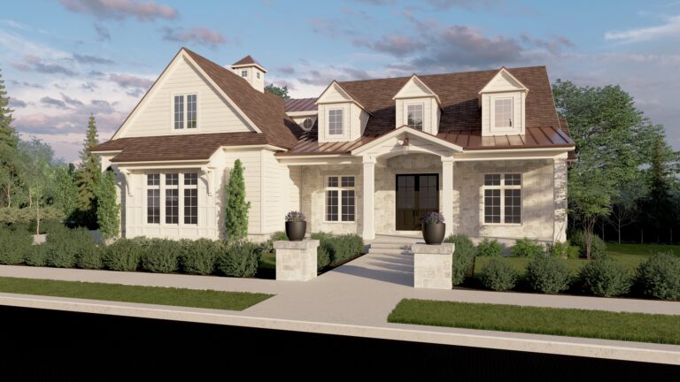 Front yard rendering of a home designed by Stonecast Custom Home Design