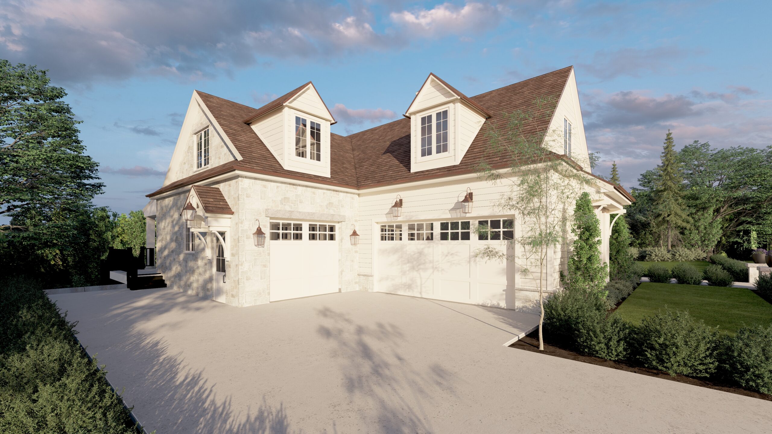 Front yard rendering of a home designed by Stonecast Custom Home Design