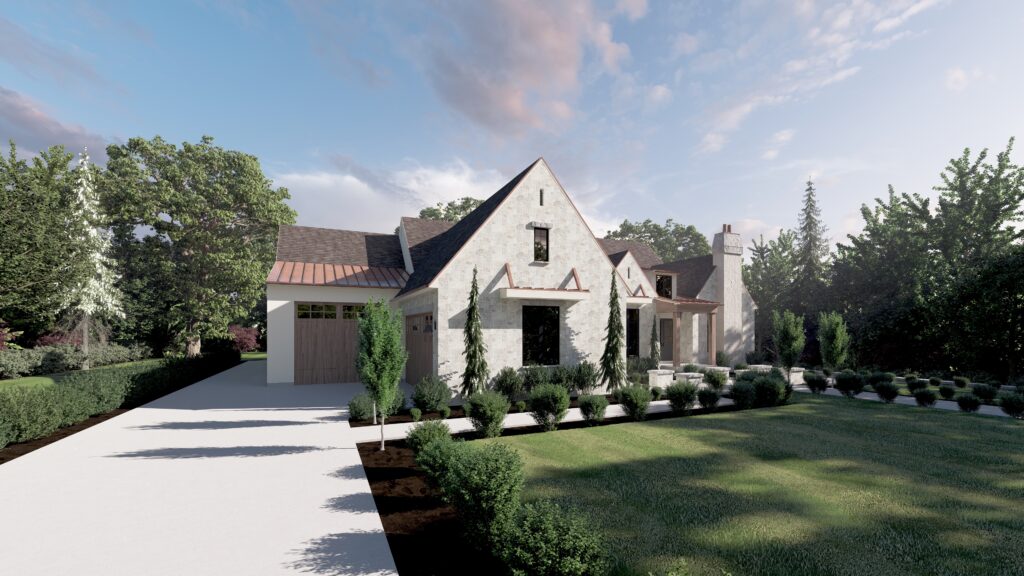 Front yard rendering of a home designed by Stonecast Custom Home Design