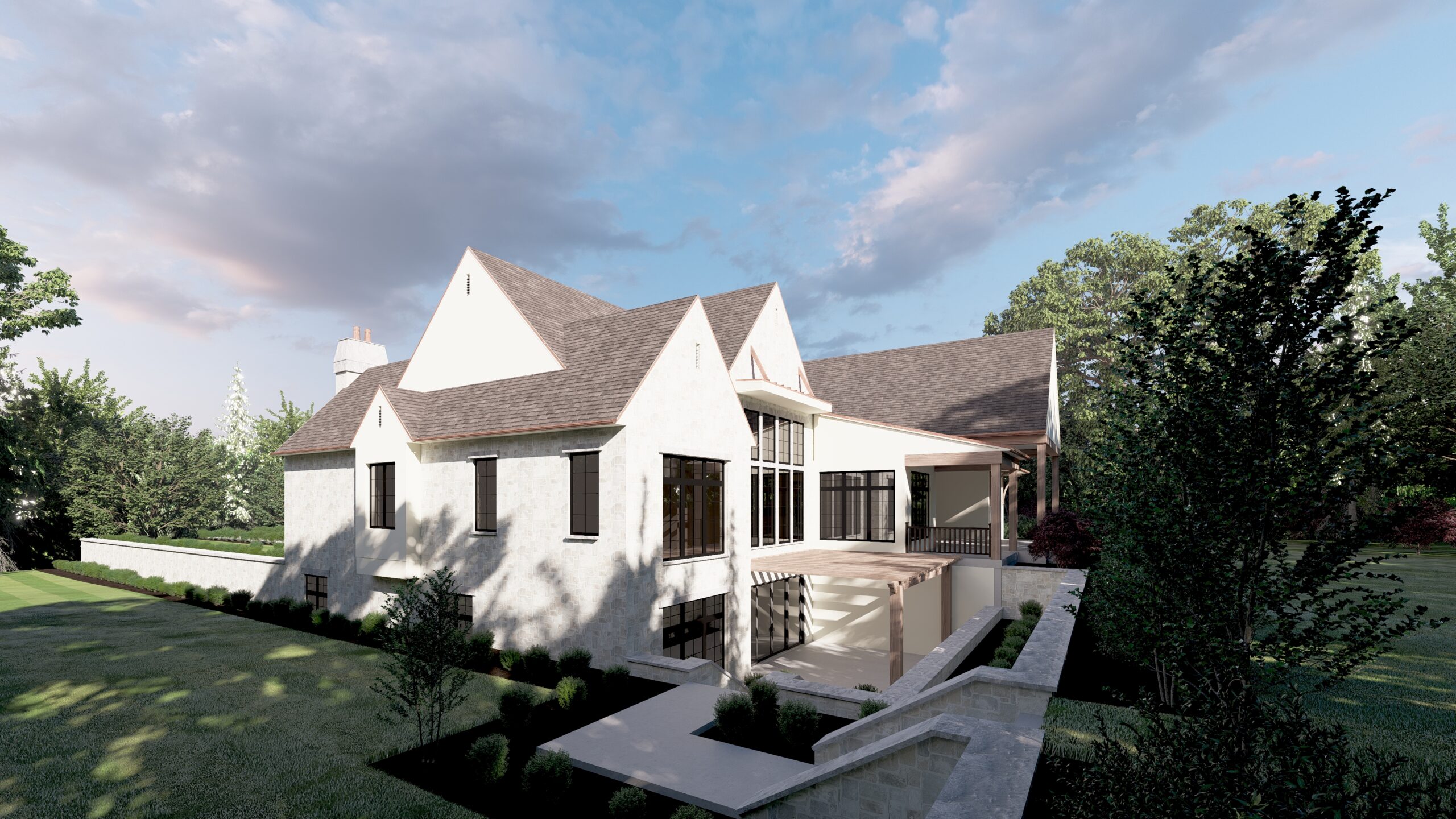 Back yard rendering of a home designed by Custom Home Design